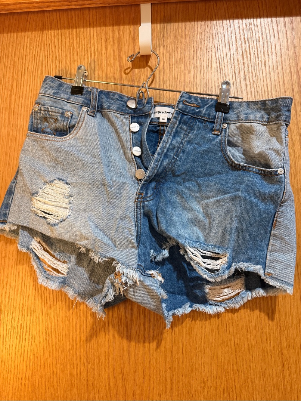 superdown Two-Tone Patchwork Distressed Denim Shorts - Blue